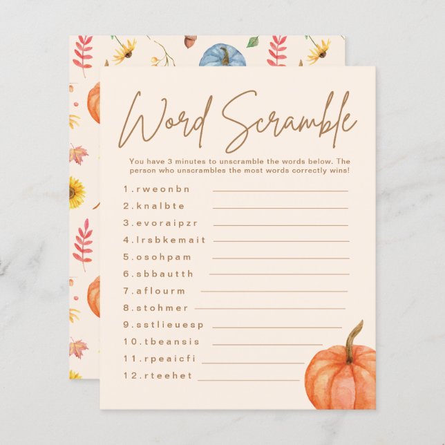 Fall Pumpkin Ord Scramble Baby Shower-spel (Fram/baksida)