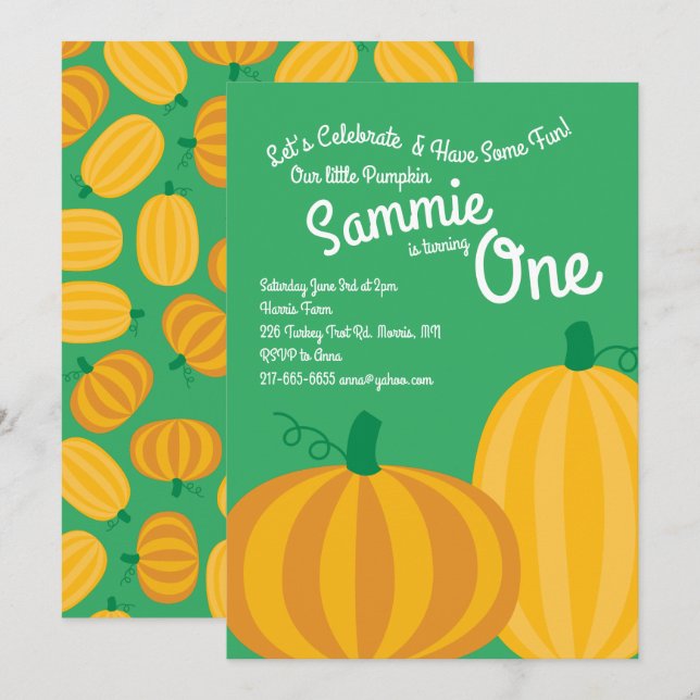 Fall Pumpkin Patch 1:a födelsedagsinbjudan Inbjudningar (Fram/baksida)