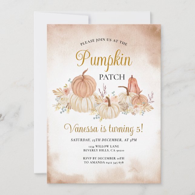 Fall Pumpkin Patch Birthday Boho Blommigt, höst Inbjudningar (Framsida)
