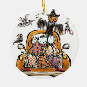 Fall Pumpkin Patch Lastbil med fladdermöss fågelsk Julgransprydnad Keramik