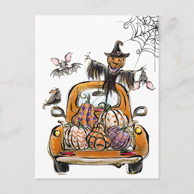 Fall Pumpkin Patch Truck with bats scarecrow bird  Vykort (Framsida)