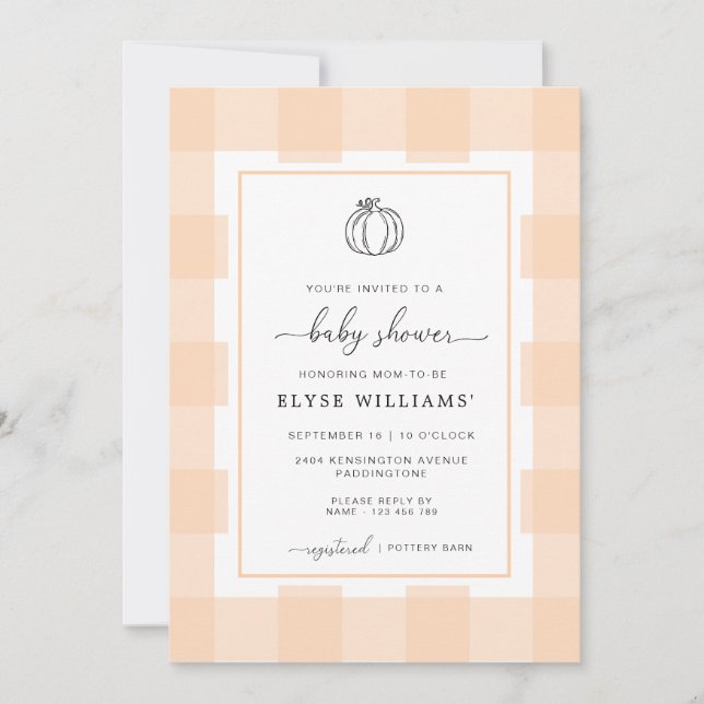 Fall Pumpkin Peach Gingham Baby Shower-inbjudan Inbjudningar (Framsida)