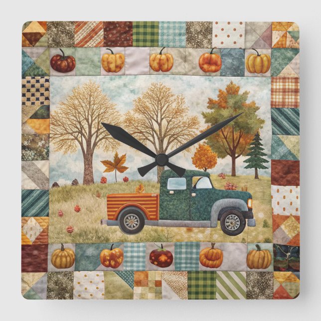 Fall Pumpkin Pickup Lastbil Wall Clock Fyrkantig Klocka (Framsida)