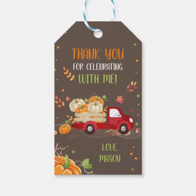 Fall Pumpkin Red Lastbil Confetti-Tack för Presentetikett (Framsidan)