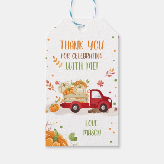 Fall Pumpkin Red Lastbil Confetti-Tack för Presentetikett (Framsidan)