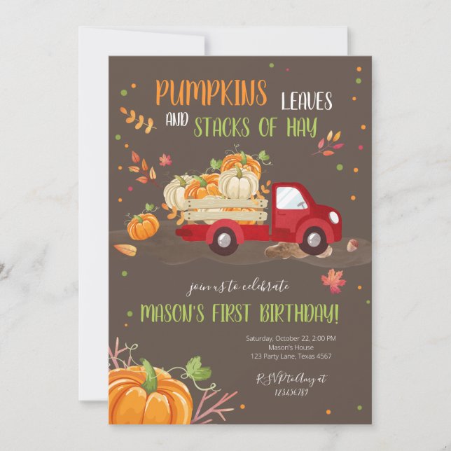 Fall Pumpkin Red Lastbil Orange Grönt Boy Birthday Inbjudningar (Framsida)