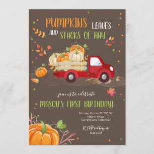 Fall Pumpkin Red Lastbil Orange Grönt Boy Birthday Inbjudningar