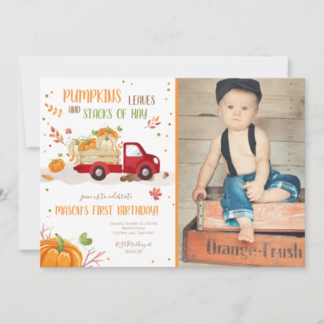 Fall Pumpkin RedTruck Orange Grönt Boy Birthday Inbjudningar (Framsida)