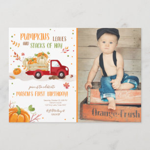 Fall Pumpkin RedTruck Orange Grönt Boy Birthday Inbjudningar