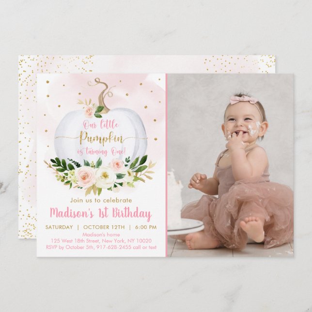 Fall Pumpkin Rosa Guld Confetti första födelsedag Inbjudningar (Fram/baksida)