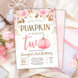 Fall Pumpkin Rosa & Guld Girl Blommigt 2:a födelse Inbjudningar