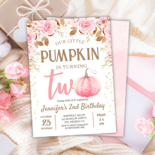 Fall Pumpkin Rosa & Guld Girl Blommigt 2:a födelse Inbjudningar