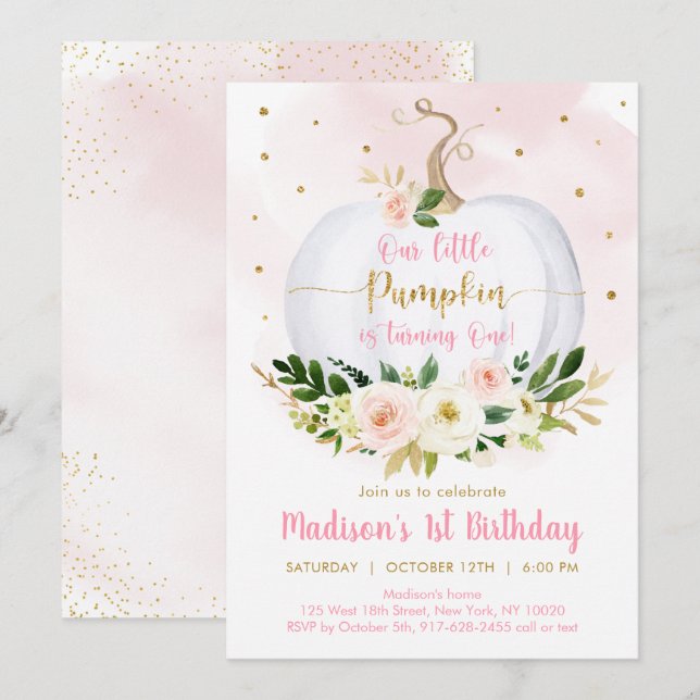 Fall Pumpkin Rosa Guld Girl First Birthday Inbjudningar (Fram/baksida)