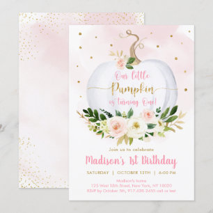 Fall Pumpkin Rosa Guld Girl First Birthday Inbjudningar