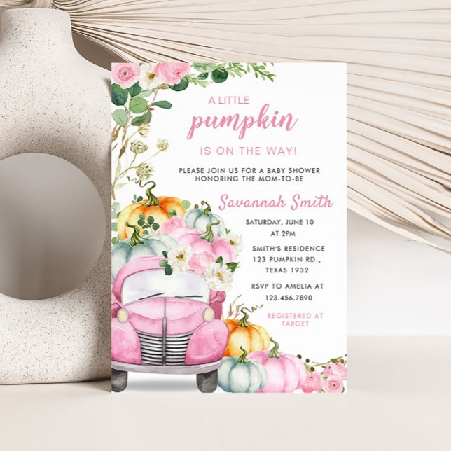 Fall Pumpkin Rosa Lastbil Baby Shower Inbjudningar (Little Pumpkin Pink Truck Baby Shower Invitation)