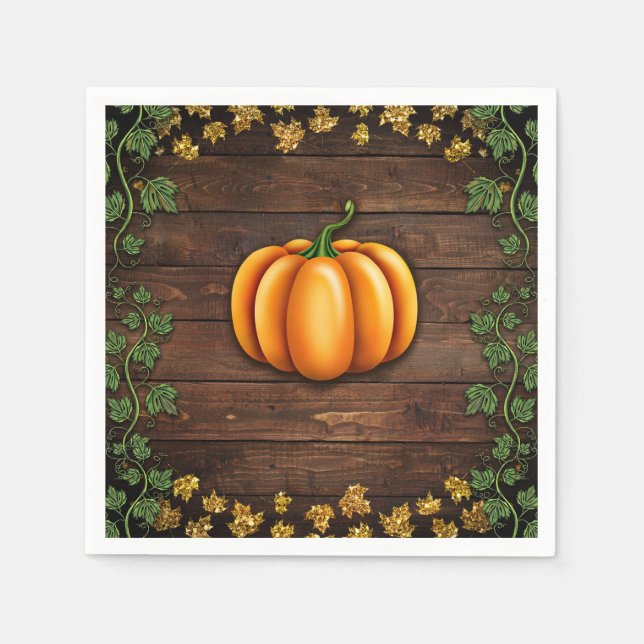 Fall Pumpkin Rustic Grönt Guld Ivy Autumn Land Pappersservett (Framsidan)