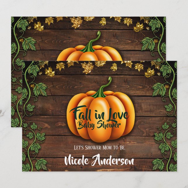 Fall Pumpkin Rustic Grönt Guld Ivy Baby Shower Inbjudningar (Fram/baksida)