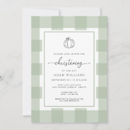 Fall Pumpkin Sage Grönt Gingham Christening Inbjudningar