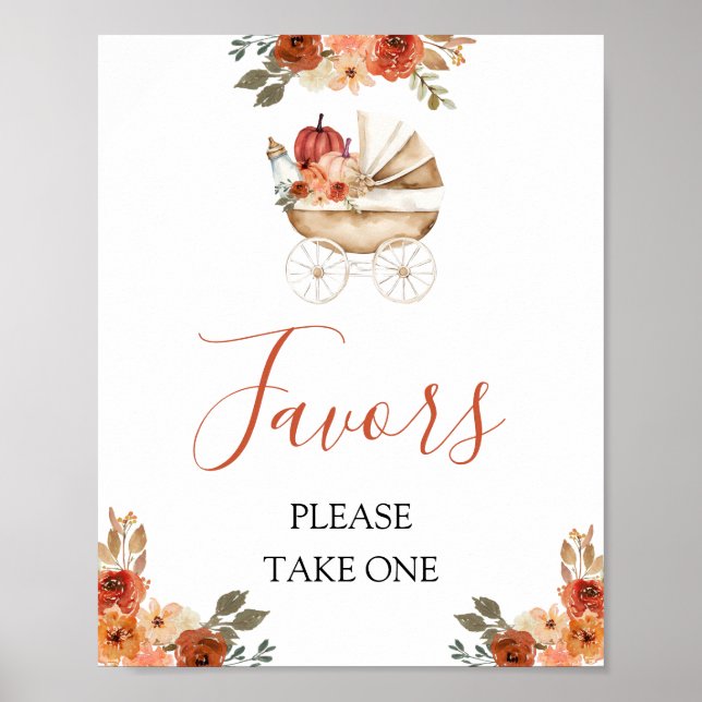 Fall Pumpkin Stroller Floral Baby Shower Favors Poster (Framsidan)