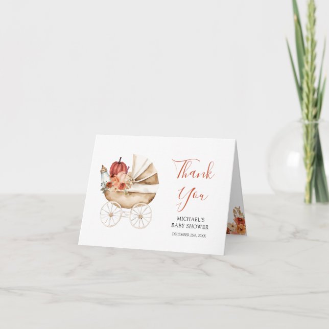 Fall Pumpkin Stroller Floral Baby Shower Folded Tack Kort (Framsida)