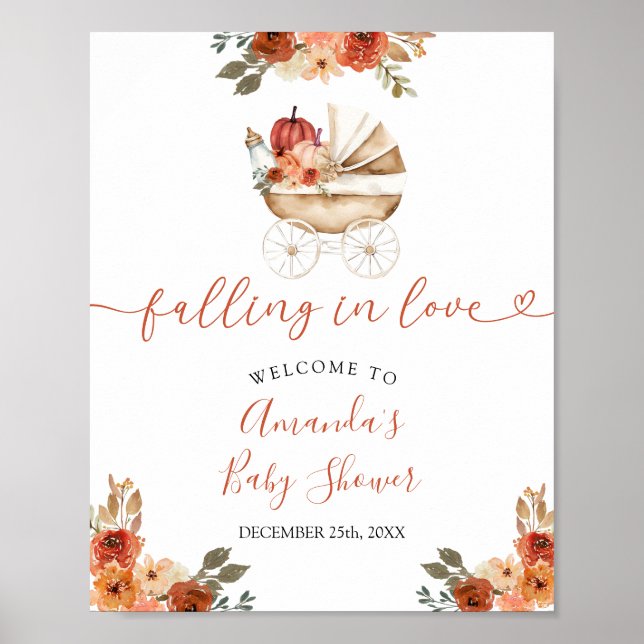 Fall Pumpkin Stroller Floral Baby Shower Welcome Poster (Framsidan)