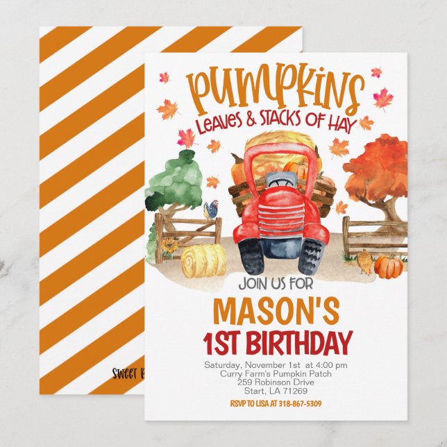 Fall Pumpkin Tractor Birthday Inbjudningar (Fram/baksida)
