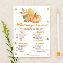 Fall Pumpkin What's in Purse Baby Shower Game