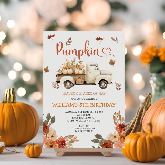 Fall Pumpkin White Lastbil 5:e födelsedag Inbjudningar (Skapare uppladdad)