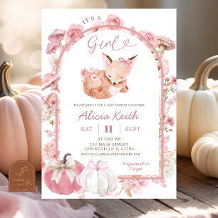 Fall Pumpkin White och Rosa Fox Girl Baby Shower Inbjudningar