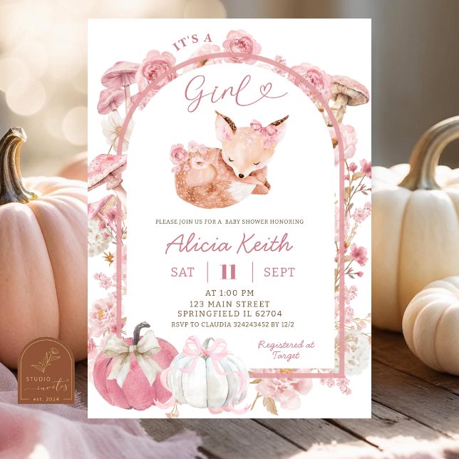 Fall Pumpkin White och Rosa Fox Girl Baby Shower Inbjudningar (Skapare uppladdad)