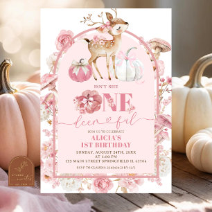 Fall Pumpkin White och Rosa Onedeerful Birthday Inbjudningar