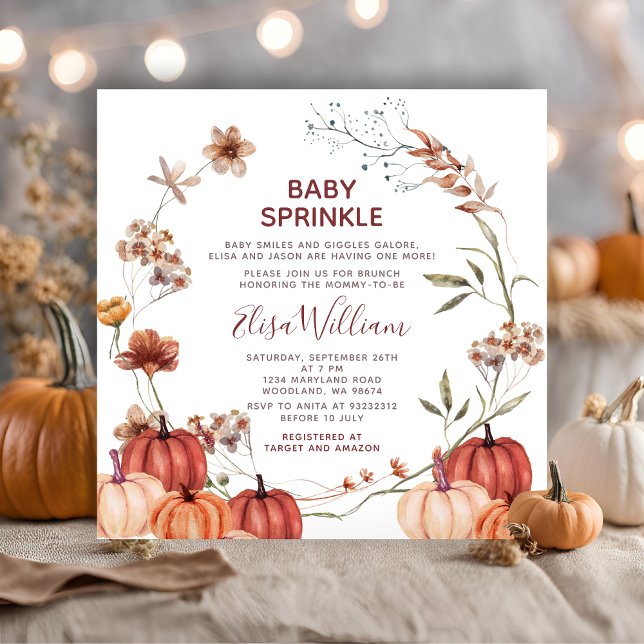 Fall Pumpkin Wildblommor Watercolor Baby Sprinkle Inbjudningar (Skapare uppladdad)