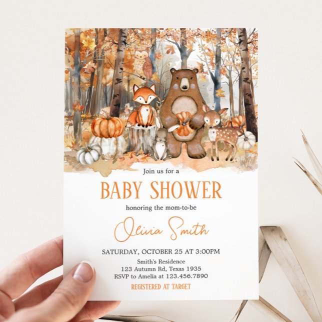 Fall Pumpkin Woodland Animals Baby Shower Inbjudningar (Fall Autumn Pumpkin Woodland Animals Baby Shower Invitation)