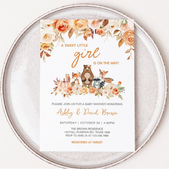 Fall Pumpkin Woodland Baby Shower Inbjudningar (Floral Fall Woodland Baby Shower Invitation)