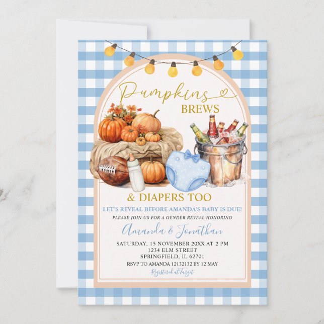 Fall Pumpkins Brews Diaper Gingham Gender Reveal Inbjudningar (Framsida)