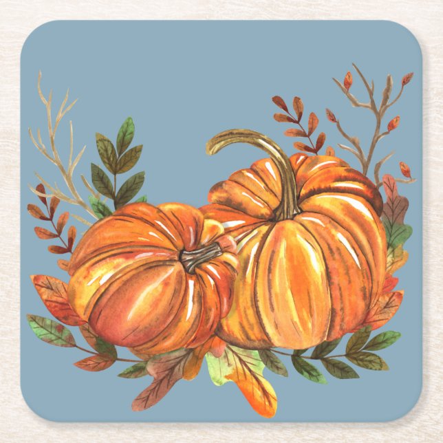 Fall Pumpkins Dusty Blue Underlägg Papper Kvadrat (Framsidan)