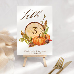 Fall Pumpkins Ferns & Wood Slice Script Bröllop Bordsnummer