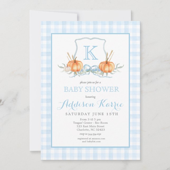 Fall Pumpkins Gingham Crest Bebis Bebisfest Inbjud Inbjudningar (Framsida)
