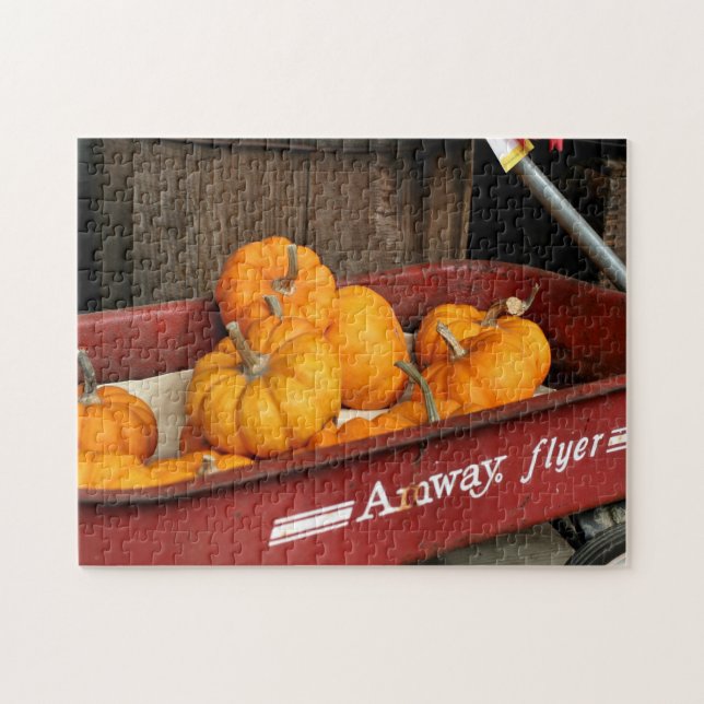 Fall Pumpkins in Old Red Wagon Pussel (Horisontell)