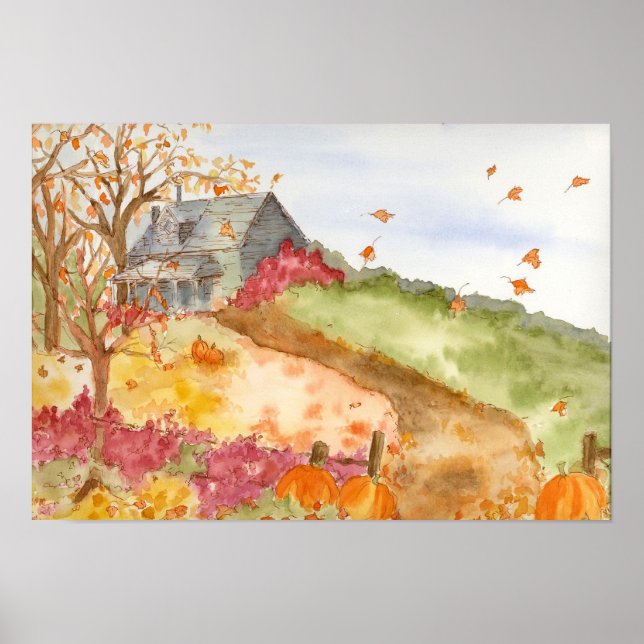 Fall Pumpkins Land Home Watercolor liggande Poster (Framsidan)