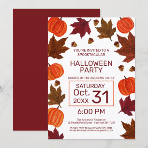 Fall Pumpkins Maple Löv Watercolor Halloween Inbjudningar