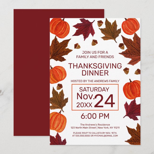 Fall Pumpkins Maple Löv Watercolor Thanksgiving Inbjudningar (Fram/baksida)