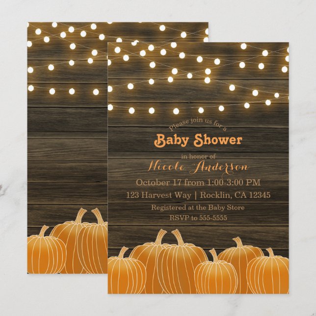 Fall Pumpkins & String Ljus Rustic Baby Shower Inbjudningar (Fram/baksida)