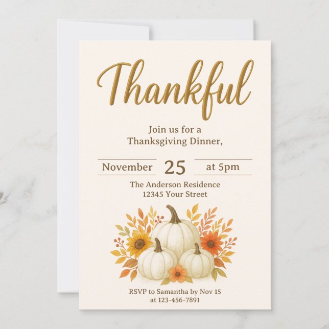 Fall Pumpkins & Sunblommor | Elegantens Thanksgivi Inbjudningar (Framsida)