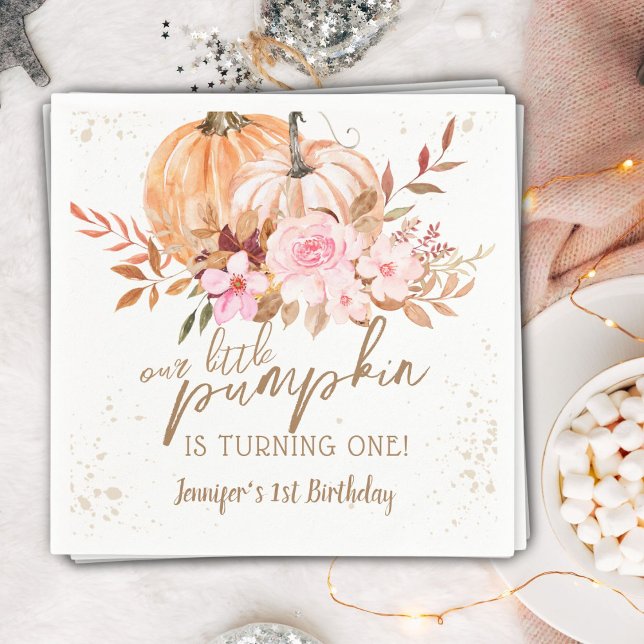 Fall Pumpkins Watercolor Boho Girl 1st Birthday Pappersservett (Skapare uppladdad)