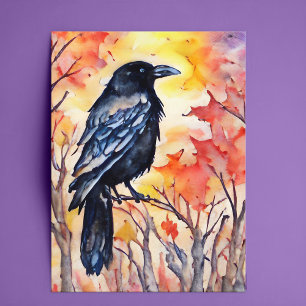 Fall Raven Watercolor Höst löv Black Bird Vykort
