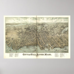 Fall River Mass. 1877 Antique Panoramic Karta Poster