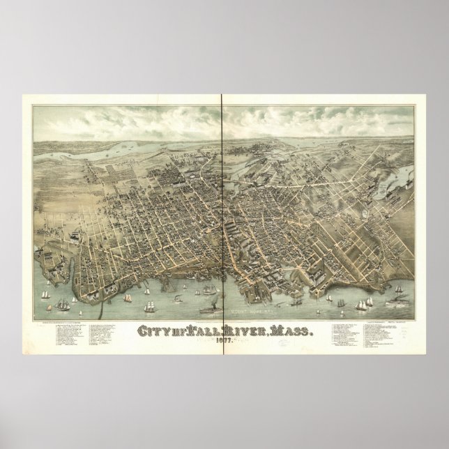 Fall River Massachusetts 1877 Antique Panorama Poster (Framsidan)