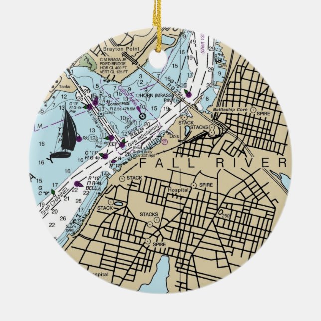 Fall River MORSA Nautical Chart Julgransprydnad Keramik (Baksidan)