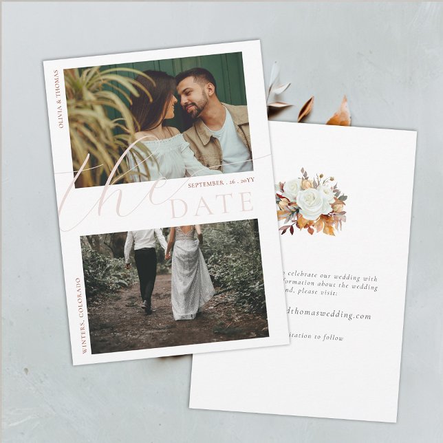 Fall Ro Löv Chic Bröllop 2 Foton Spara Datum Inbjudningar (fall wedding save the date autumn roses foliage terracotta leaves orange beige elegant rustic boho)